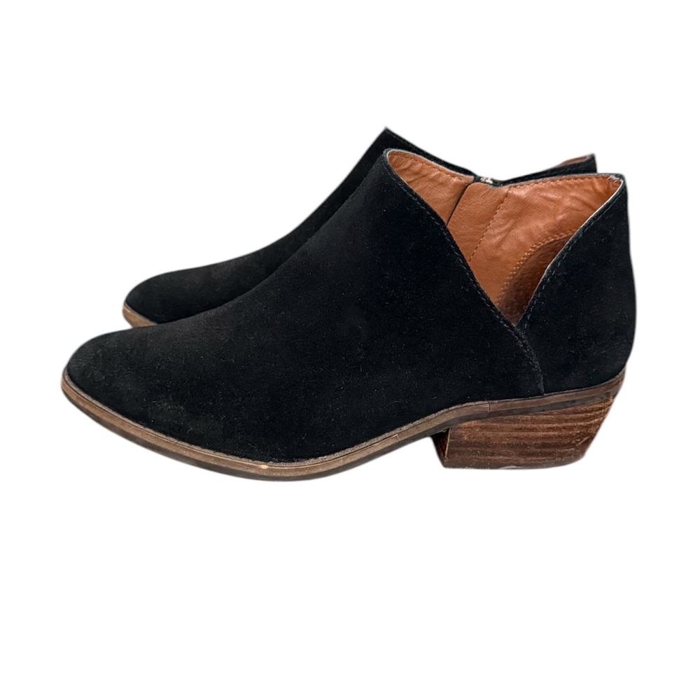 LUCKY BRAND Frankela Black Leather Block Heel Zip Ankle Bootie Size 7.5